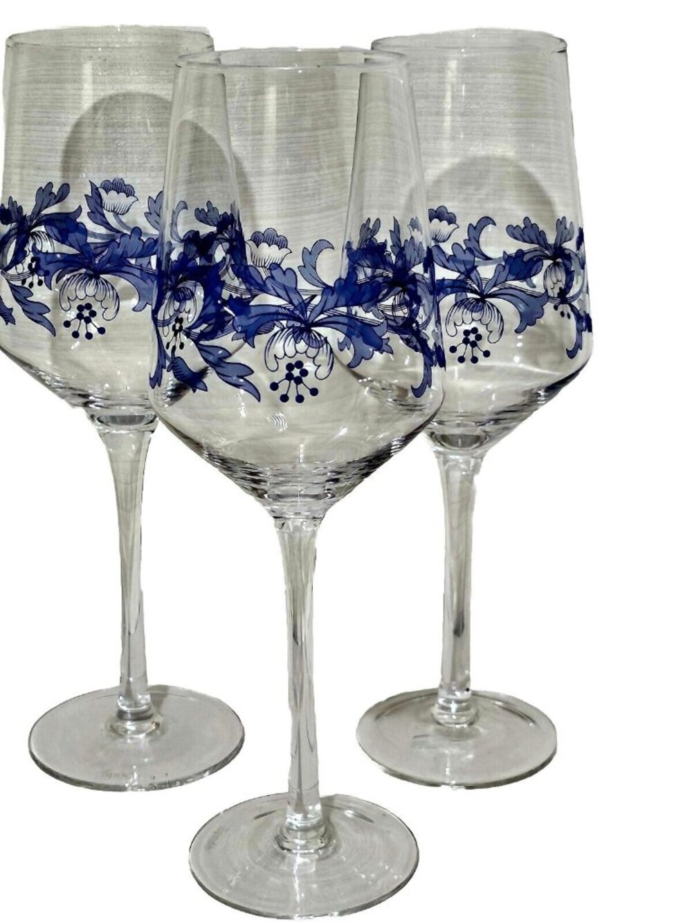3 Spode Blue Italian Wine Glasses 9.5" floral toasting goblets 16z celebration